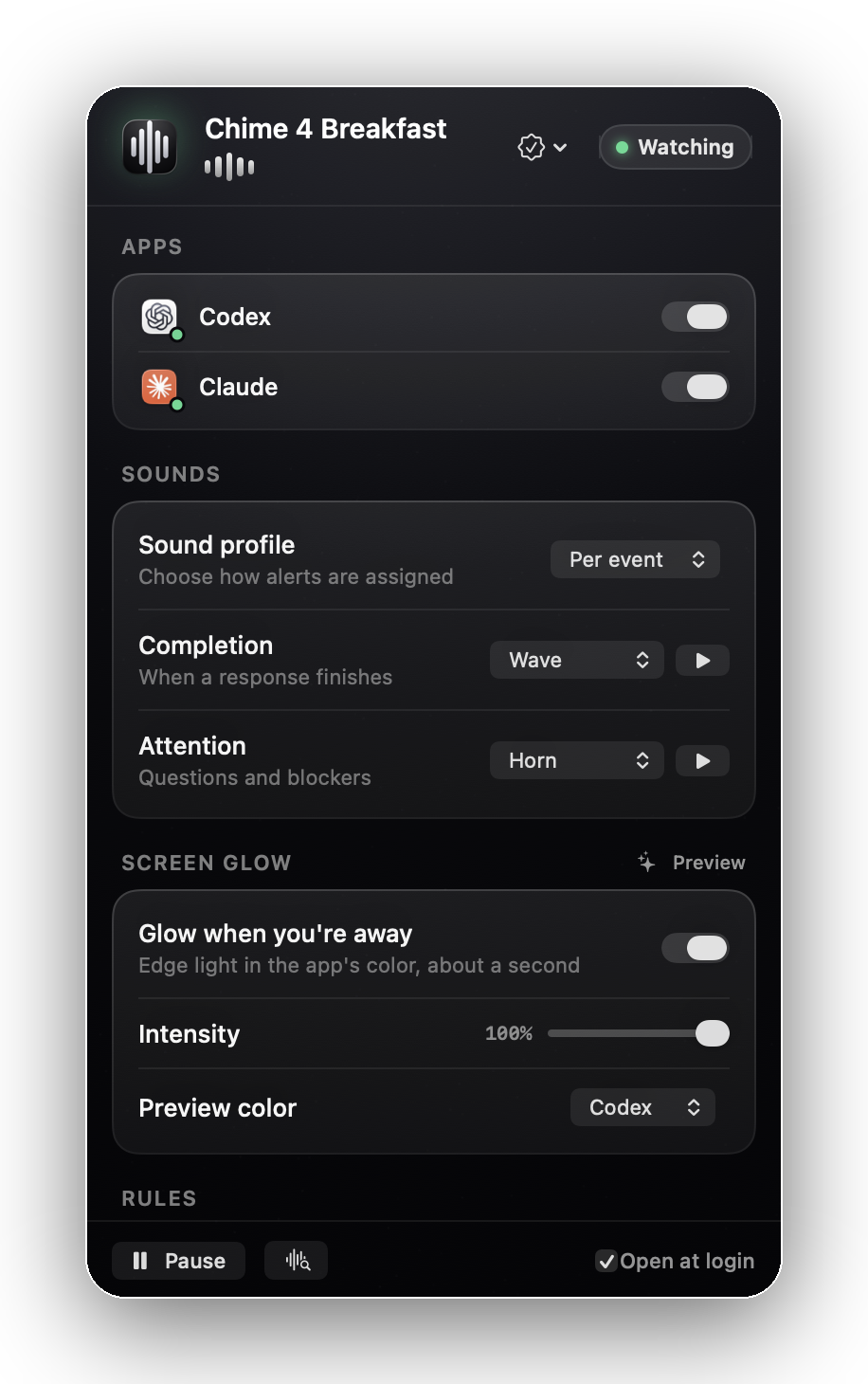 The real Chime 4 Breakfast popover: per-app watching, sound profiles, and screen glow settings.