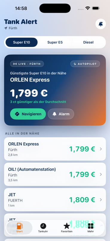 The Tank Alert home screen showing live fuel prices in Germany.