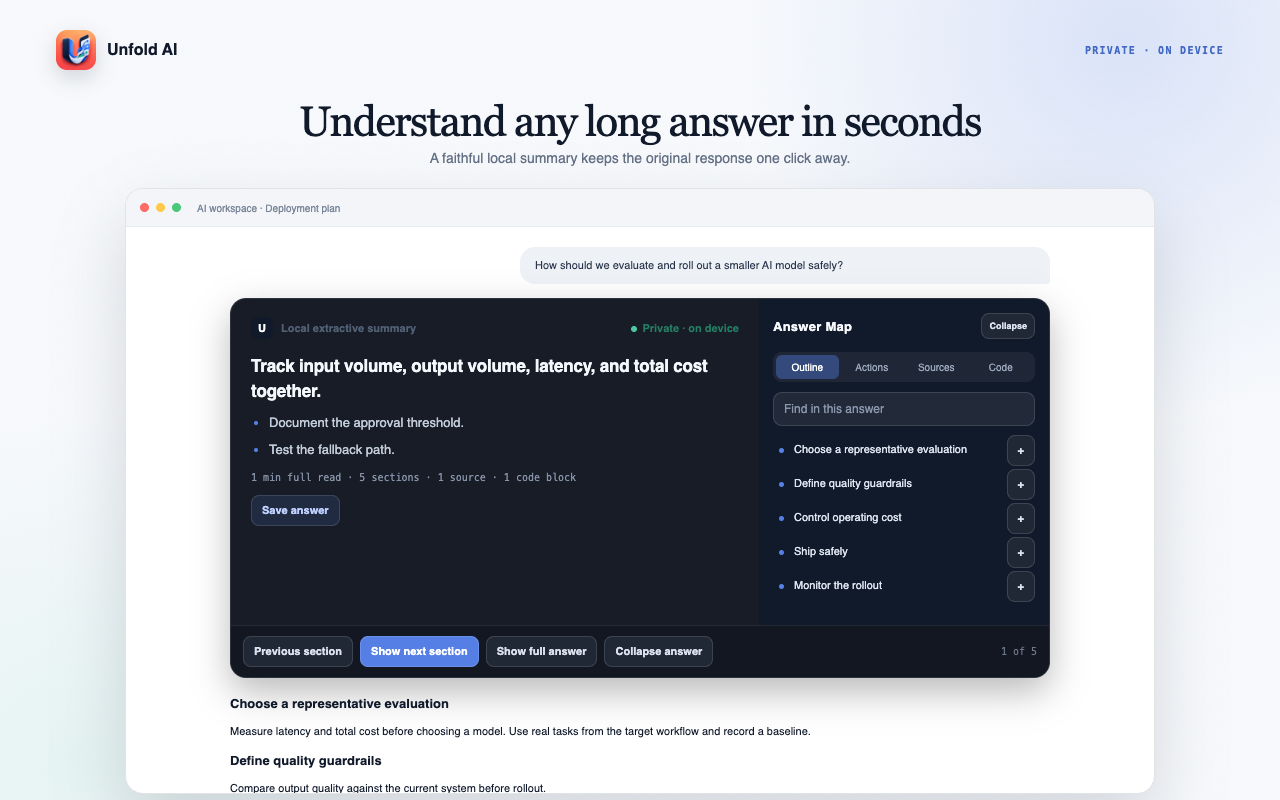 Unfold AI showing a local summary, reading controls, and a five-section Answer Map.