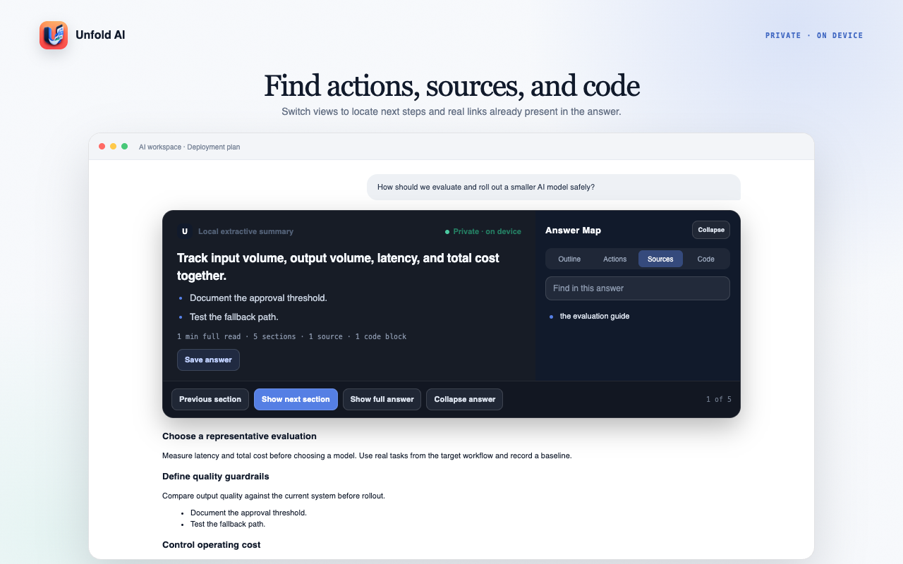 Unfold AI Answer Map views for actions, source links, and code blocks.